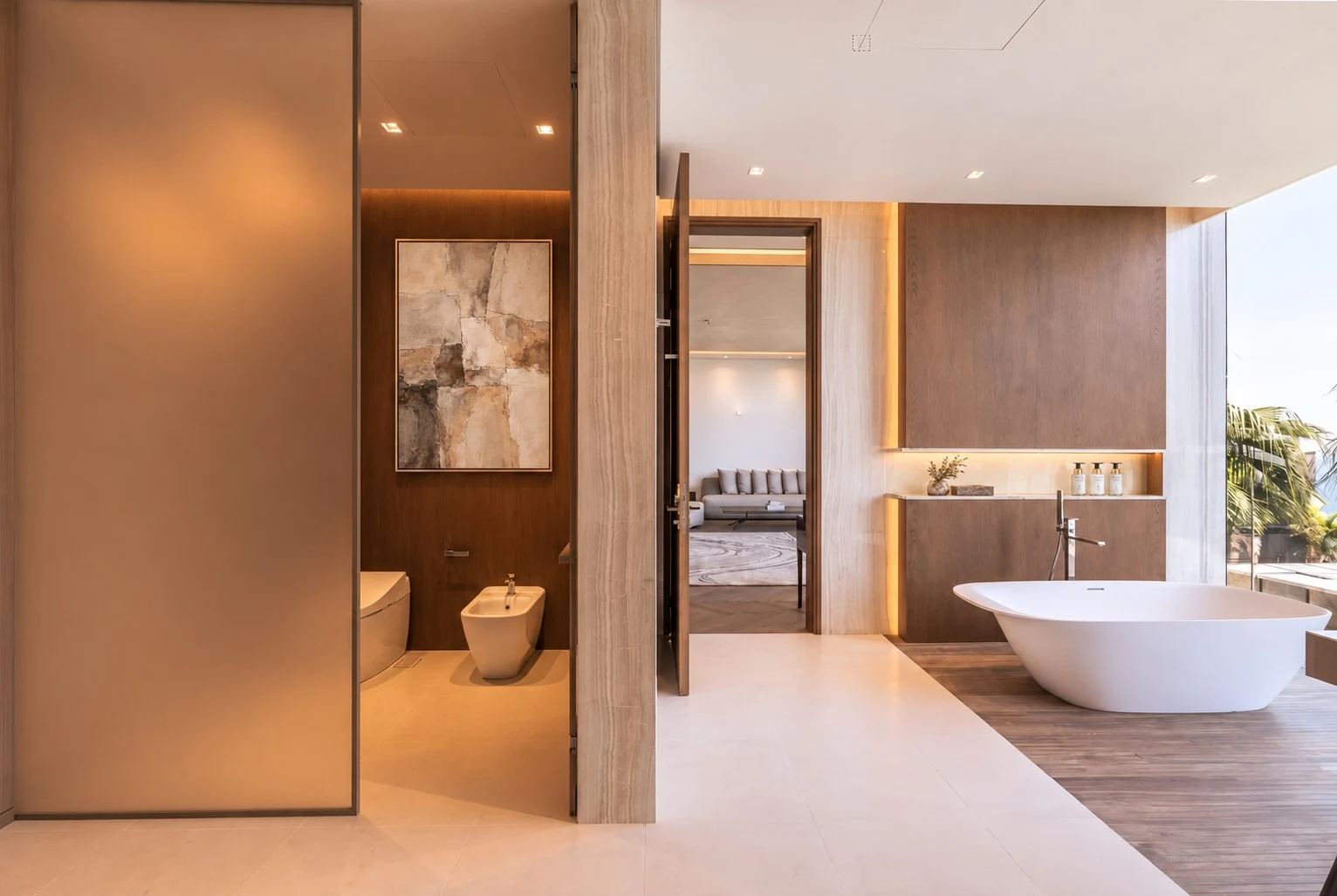 Jumeirah Bay Island Mansion — Warm timber, soft stone and light compose a calm, architectural retreat.