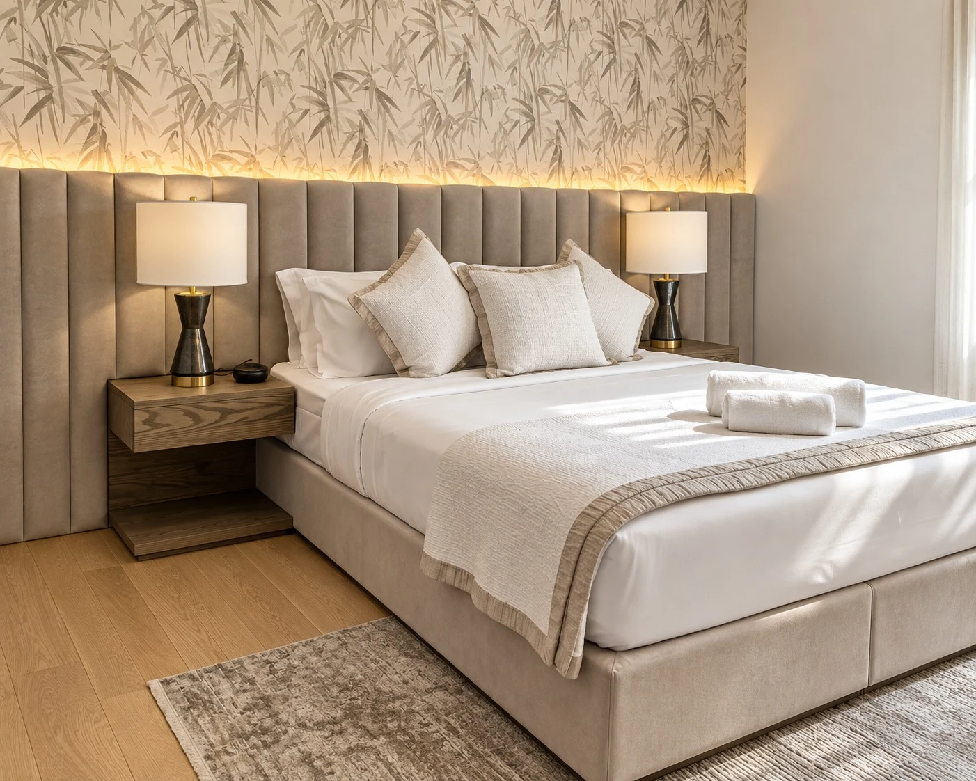 Bvlgari Residences II — A softly illuminated botanical wall covering rises above the tailored upholstered headboard.