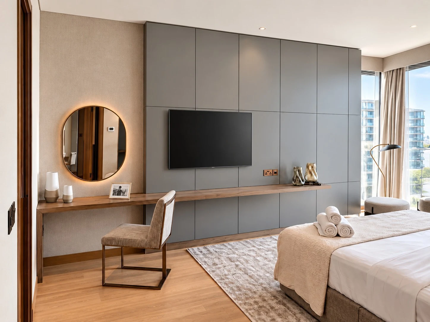 Bvlgari Residences II — Full-height fitted joinery and an integrated dressing desk give the bedroom a calm architectural order.