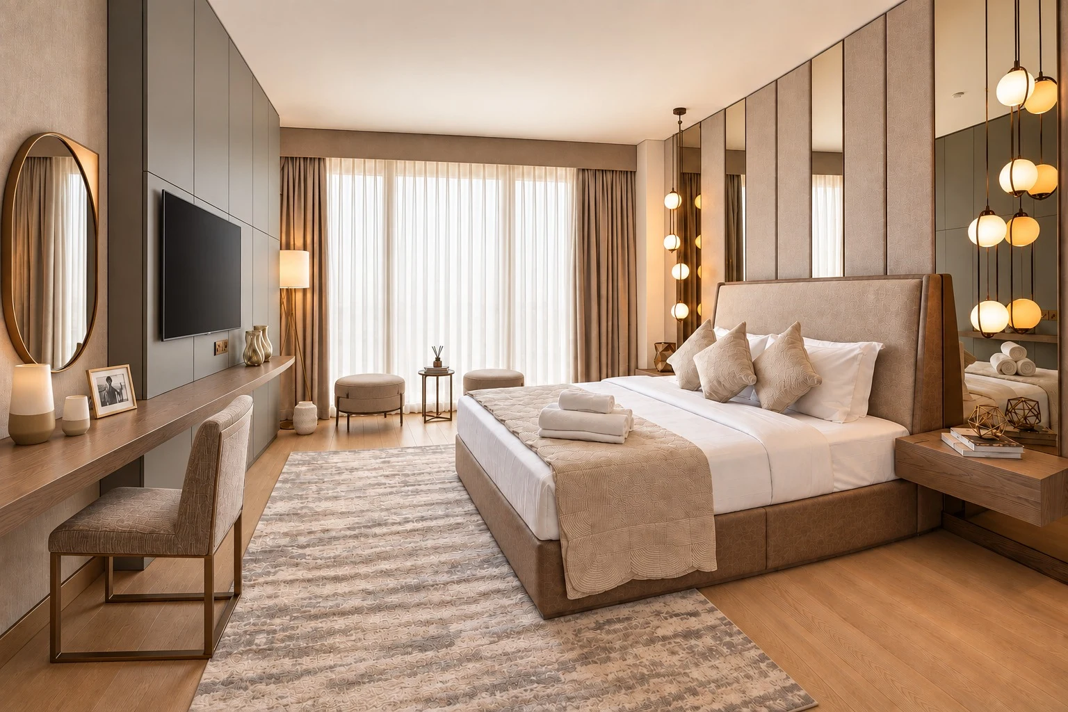 Bvlgari Residences II — An upholstered bed wall and cascading pendant lights create a softly layered composition for rest.